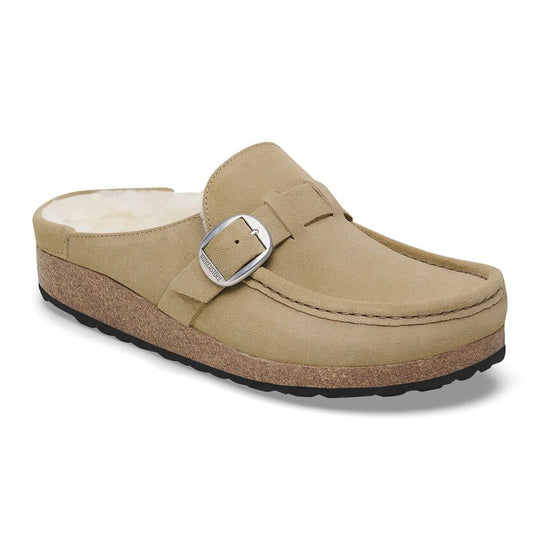 Birkenstock Women's Buckley Shearling Taupe Suede Narrow